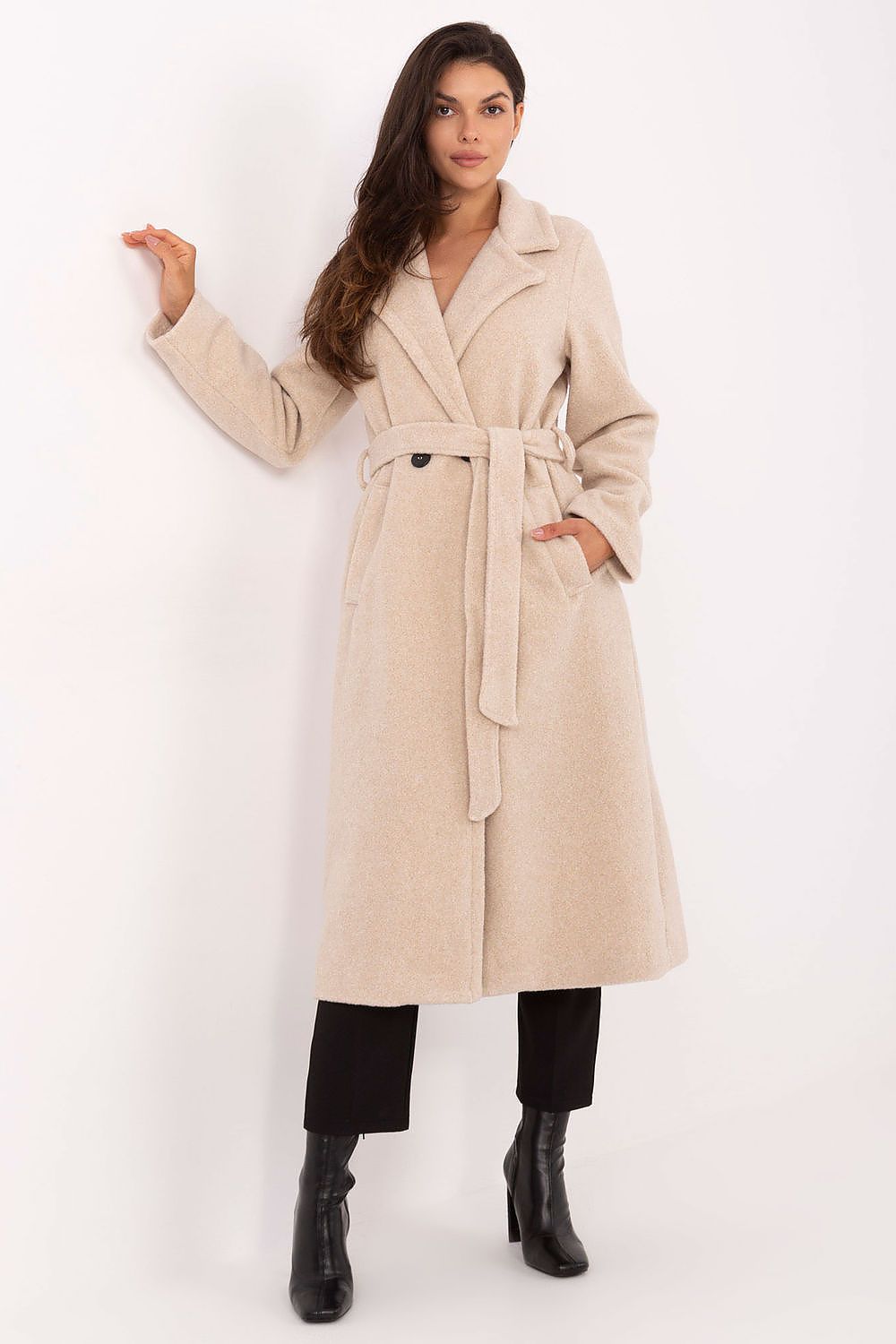  Beige bouclé long coat with belt and lapels – front view on model