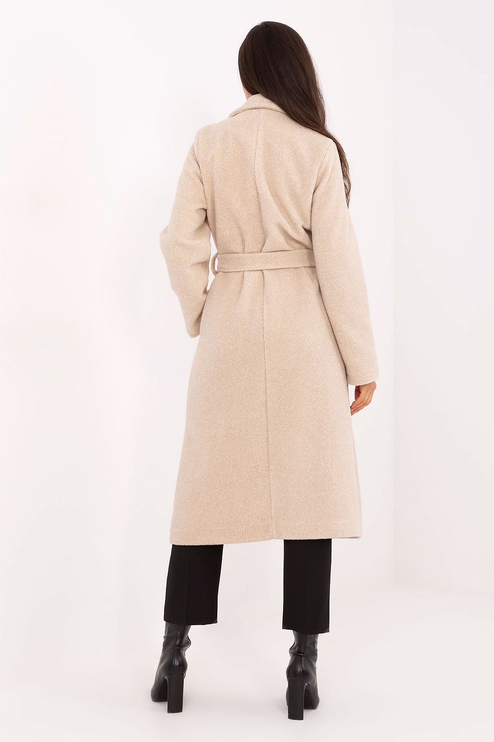 Beige bouclé coat back view highlighting elegant silhouette