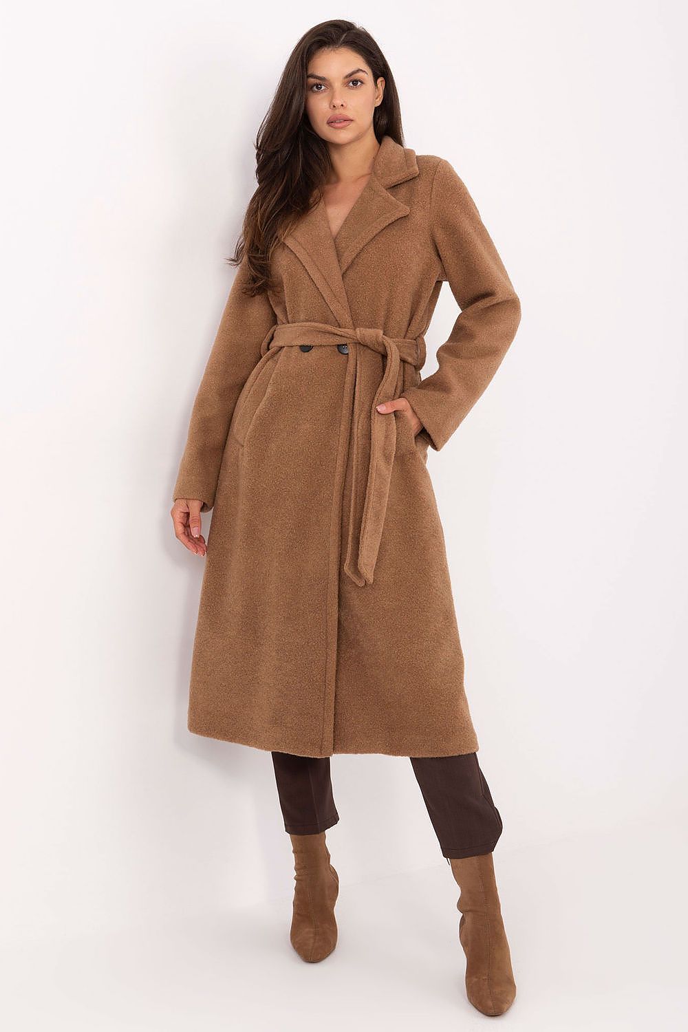 Brown bouclé long coat with double-breasted fastening – front view
