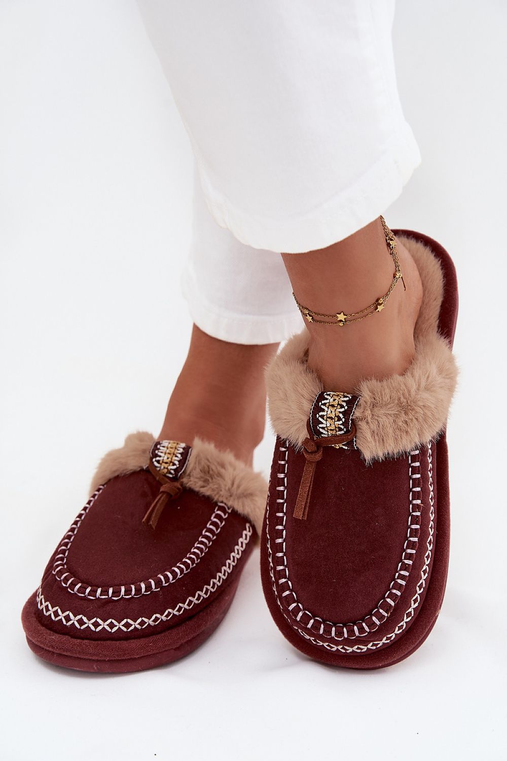 Red eco-suede slippers with delicate embroidery detail-2