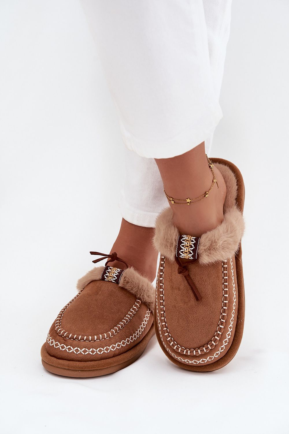  Brown eco-suede slippers featuring subtle embroidery