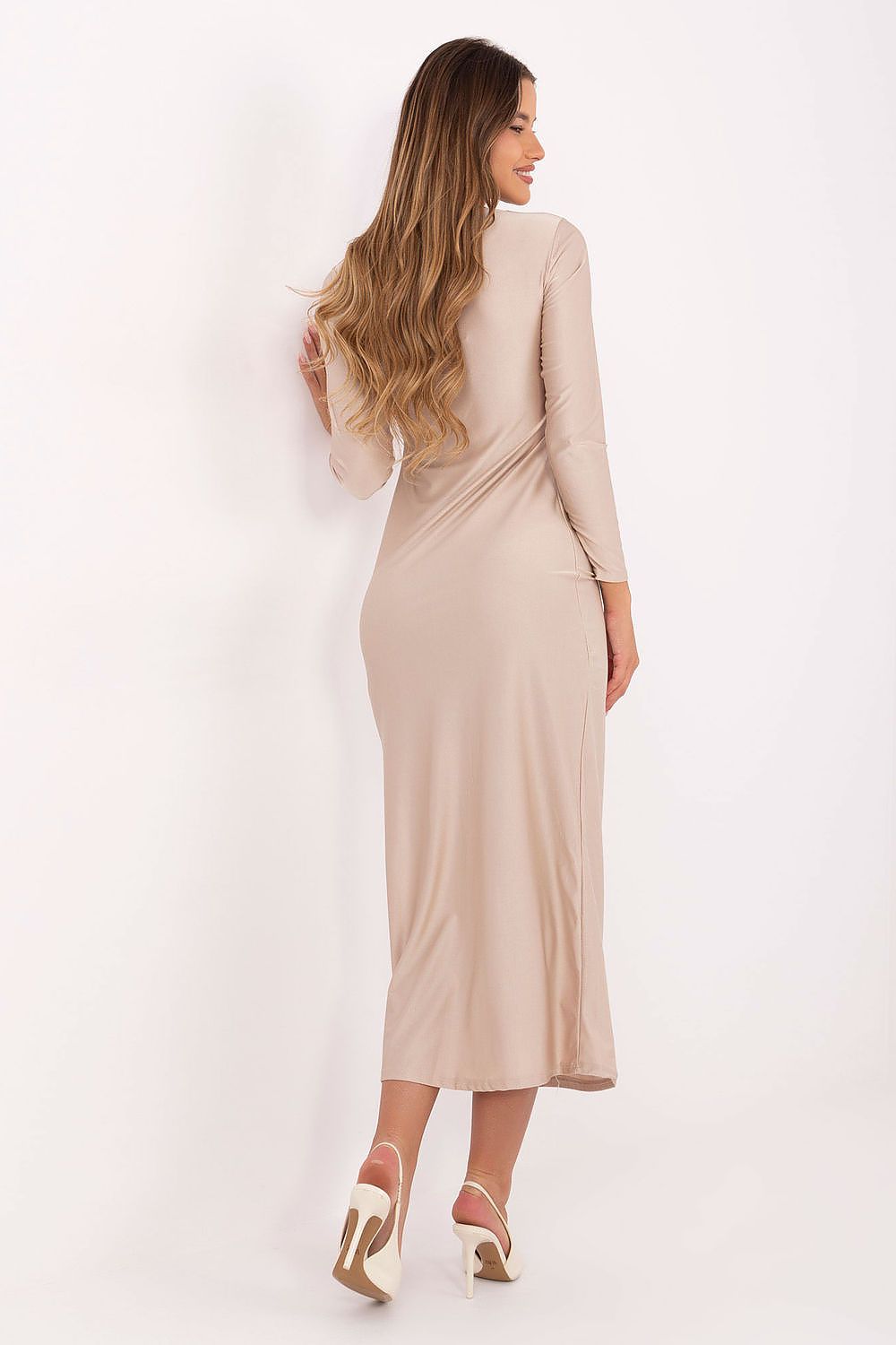 Back view of elegant women’s pencil dress, showcasing smooth silhouette and midi length