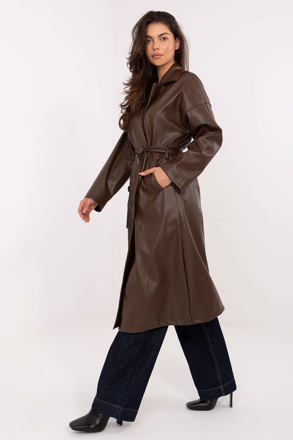  Side view highlighting double-breasted closure and smooth texture in brown.