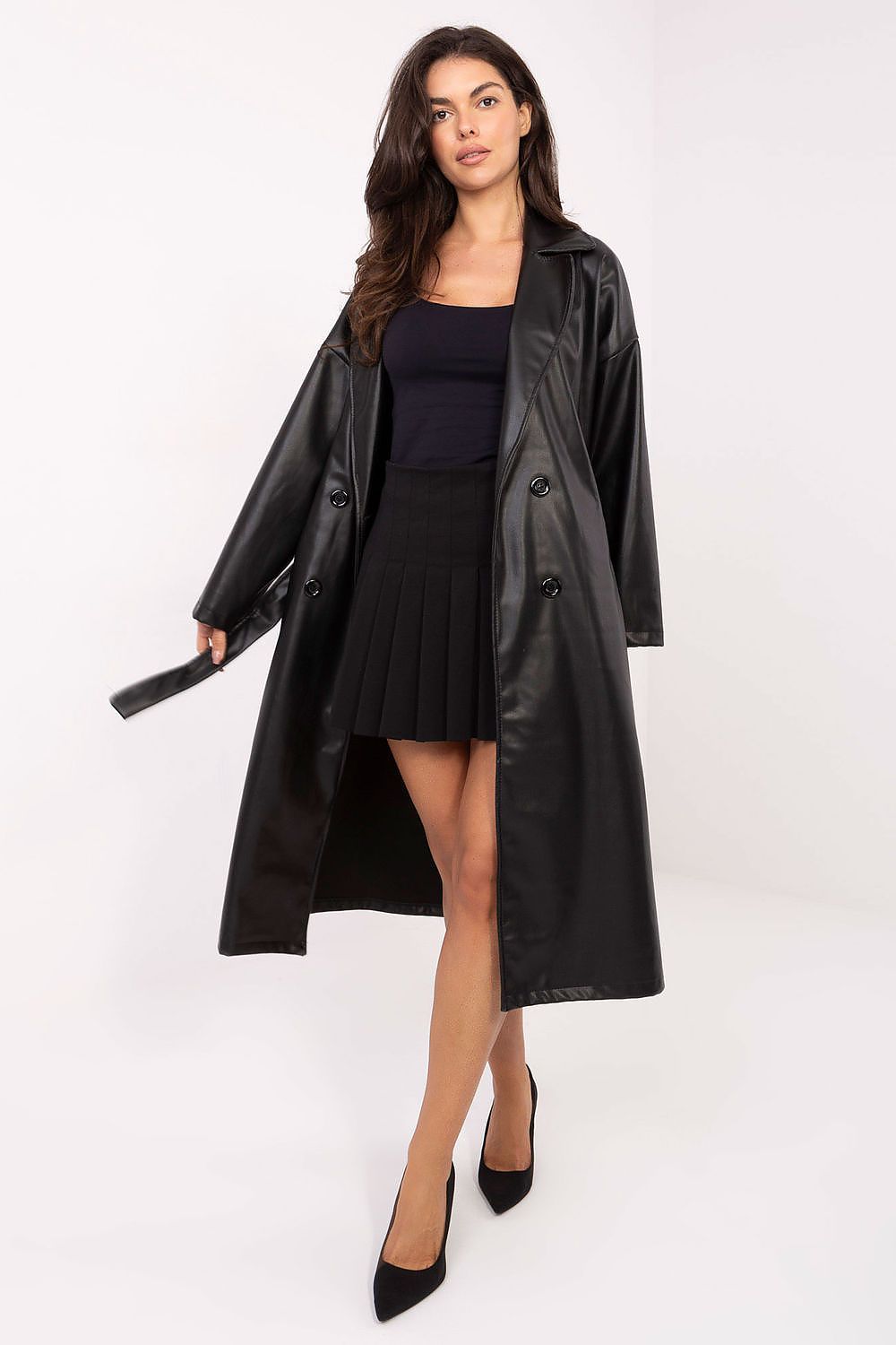 Front view of Celeste Women’s leather coat in black with classic lapels and belt.