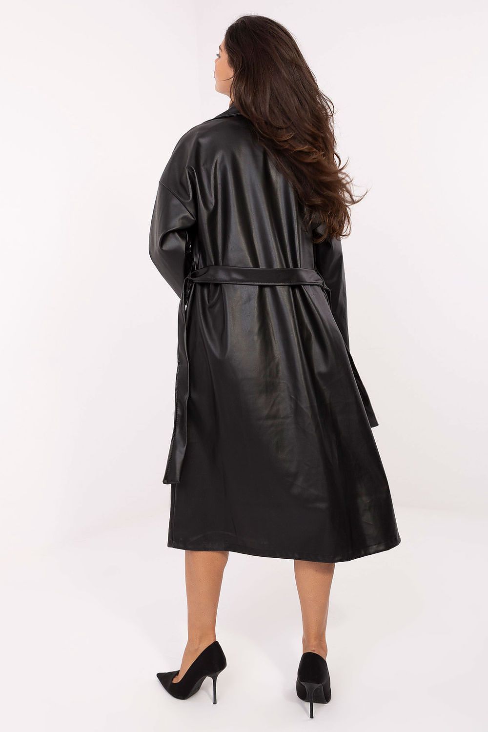 Back view of Celeste black leather coat highlighting long sleeves and clean cut.