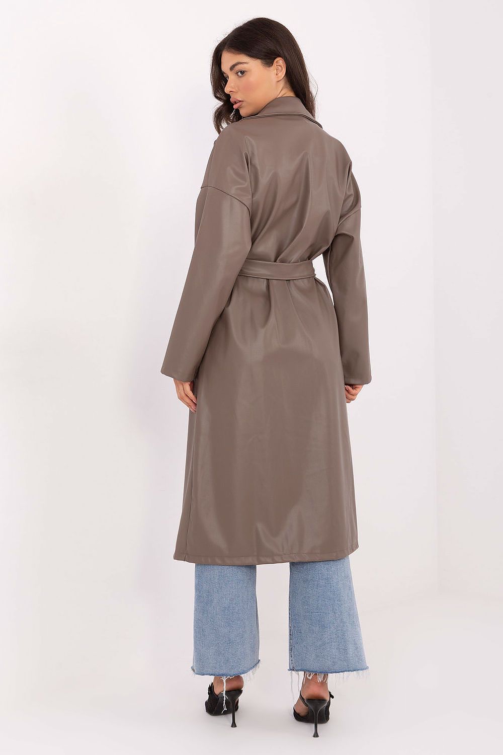  Back view of Celeste beige leather coat showing structured shape and length.