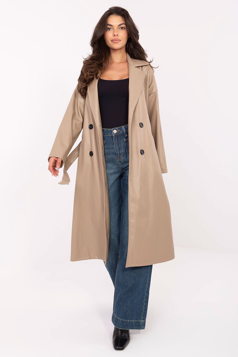 Front view of Celeste Women’s leather coat in warm beige with lapels and waist tie.