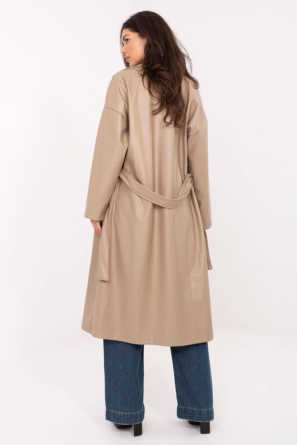 Back view of Celeste warm beige coat with tie belt detail.
