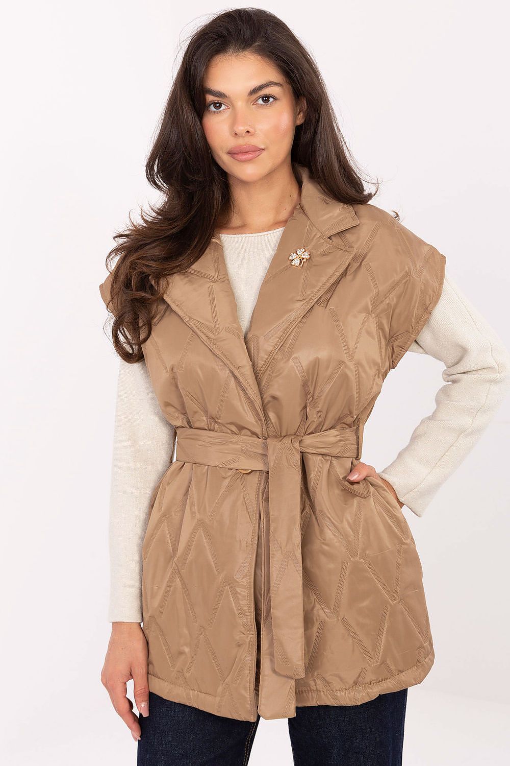 Front view of Elara Women’s quilted vest in coffee brown with button closure and lapels.