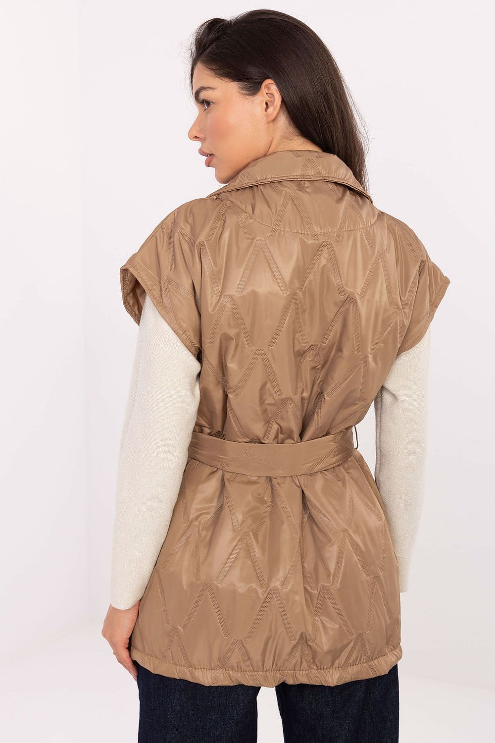 Back view of Elara vest in coffee brown highlighting structured cut and length.