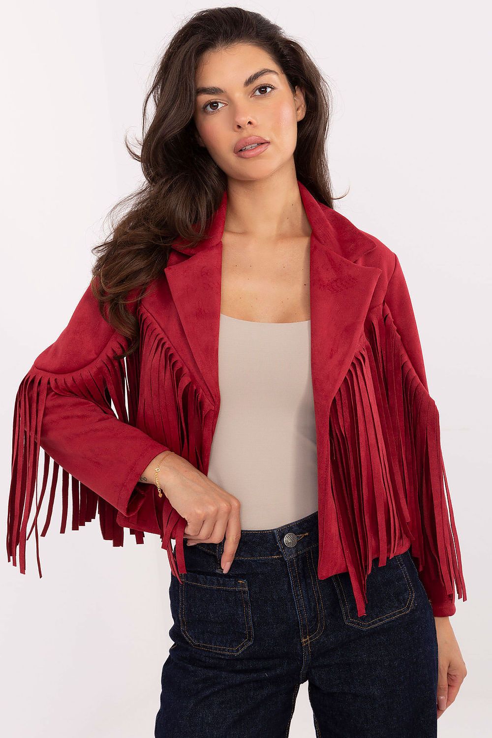  Front view – Red women’s transitional jacket with fringe accents and classic collar.