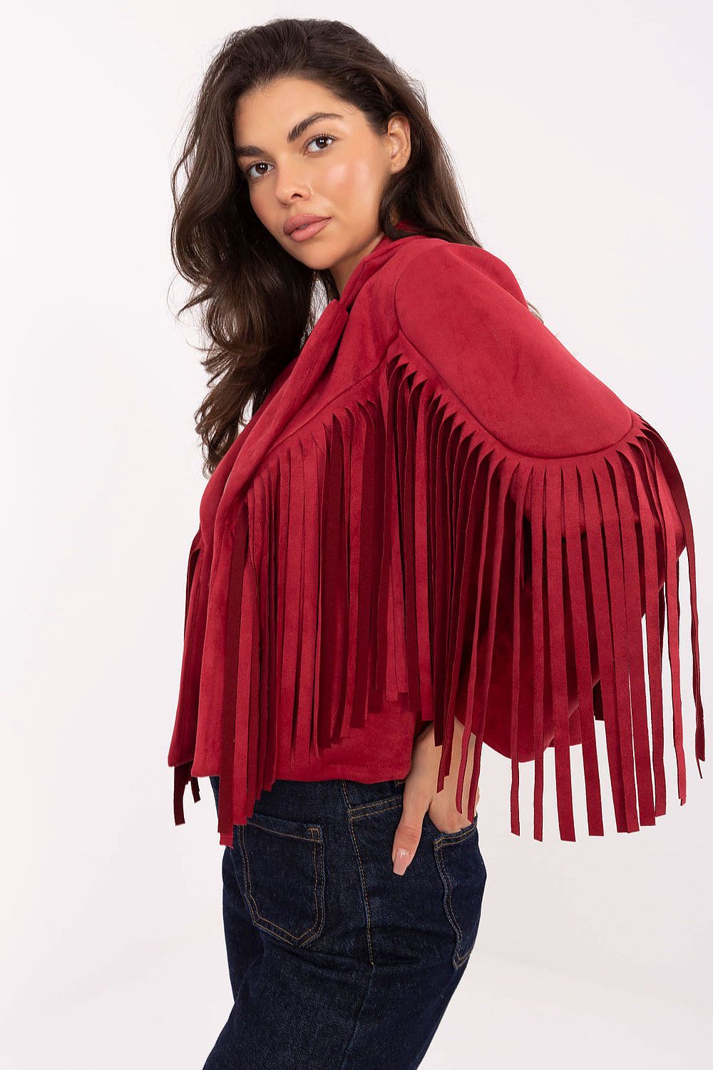  Side view – Red jacket showing smooth texture and stylish fringes.