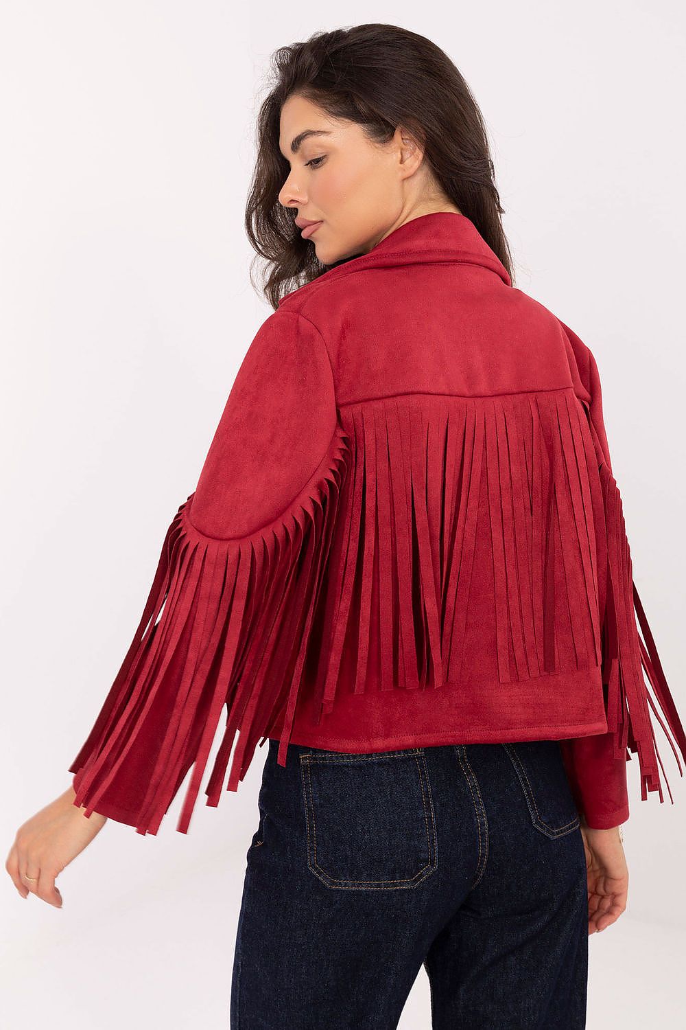 Back view – Red transitional jacket featuring decorative fringes on back and sleeves.