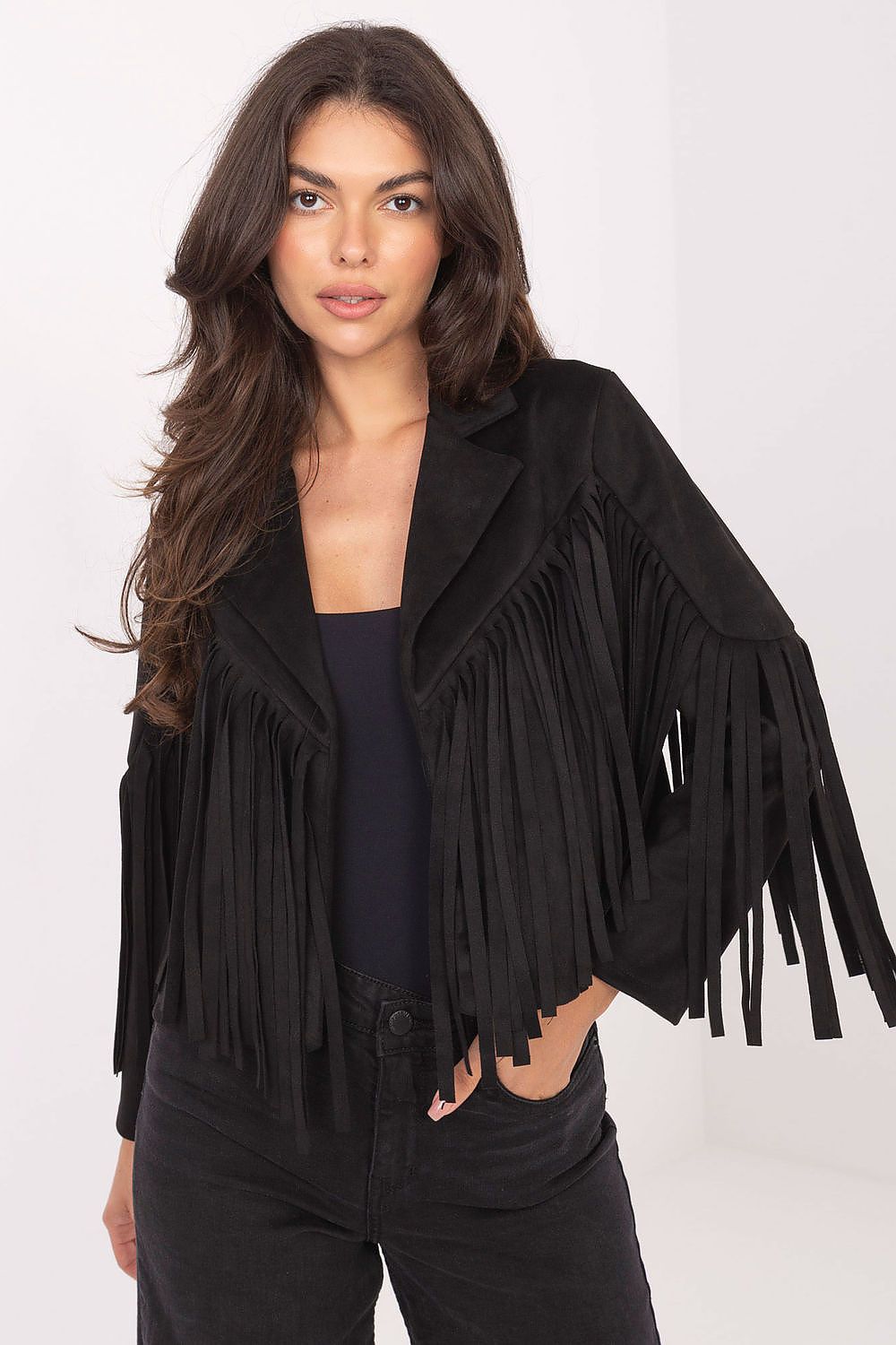Front view – Black women’s fringed transitional jacket with classic collar and boho fringes.