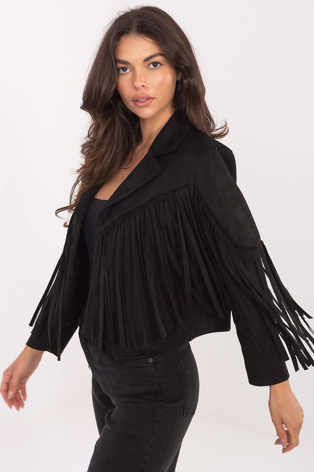 Side view – Black jacket showing smooth texture and fringe detailing.
