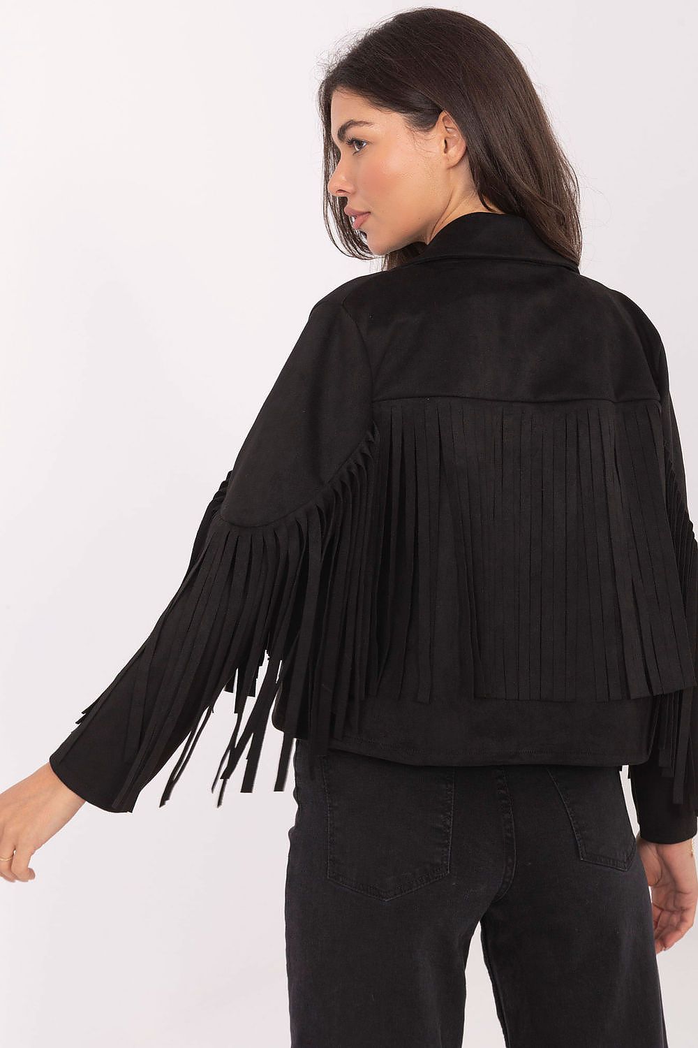  Back view – Black transitional jacket with eye-catching fringes on back and sleeves.
