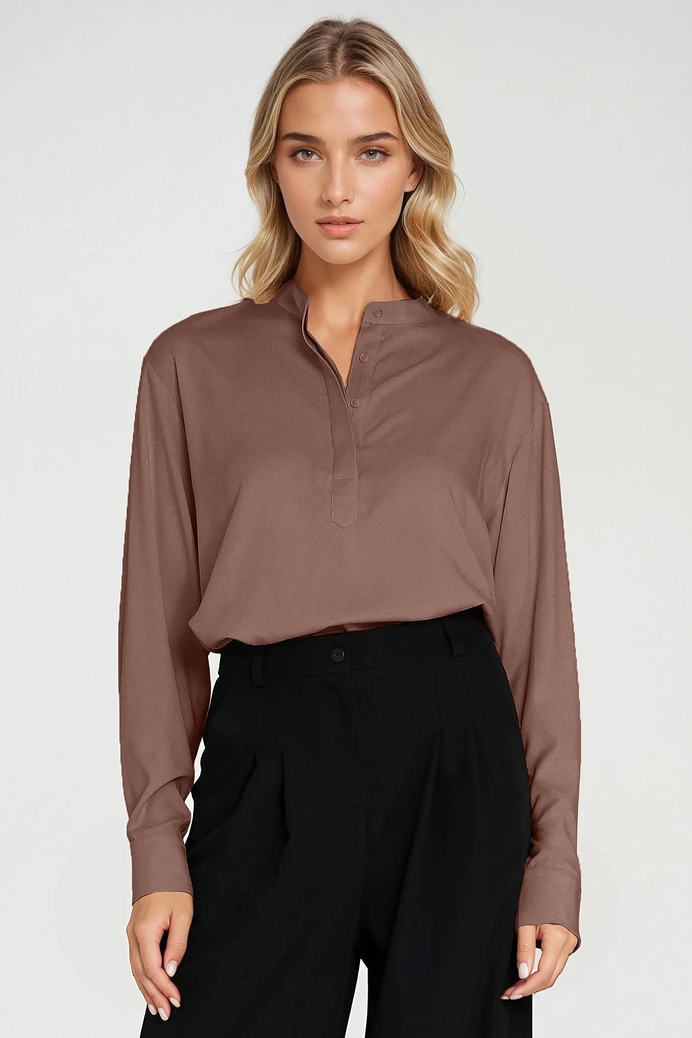  brown oversized polo blouse with stand up collar