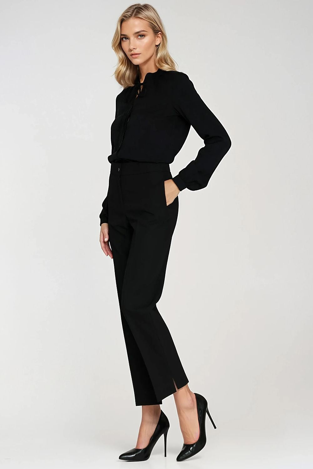  black slim fit trousers with tapered legs and side slit