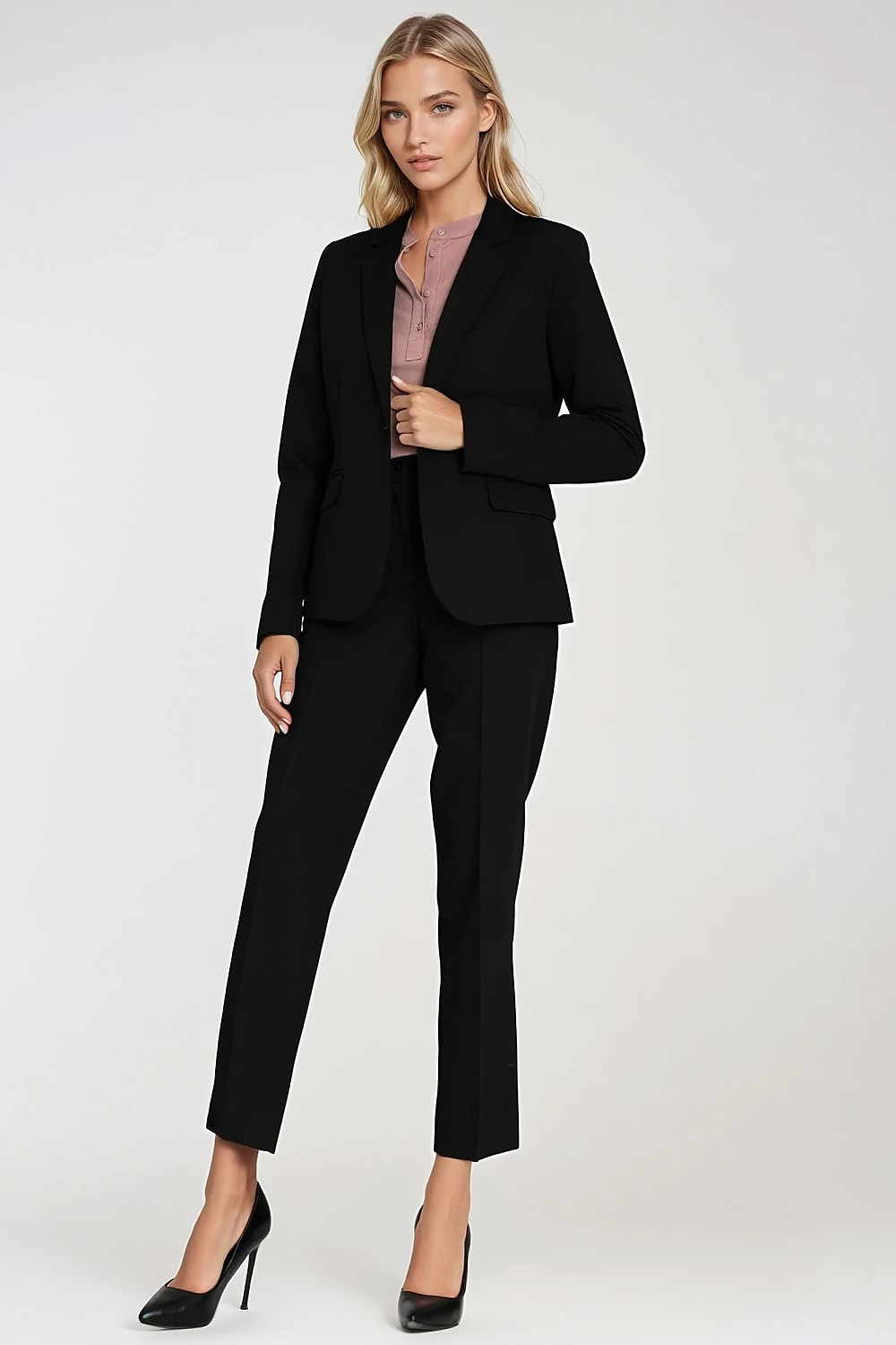 black slim fit trousers with tapered legs and side slit-view-2 