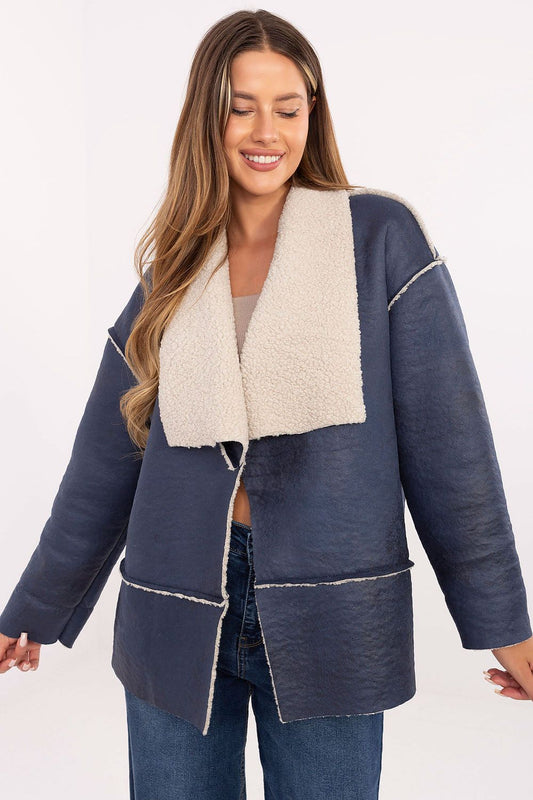 Blue women’s jacket with faux fur lapels – front view on model