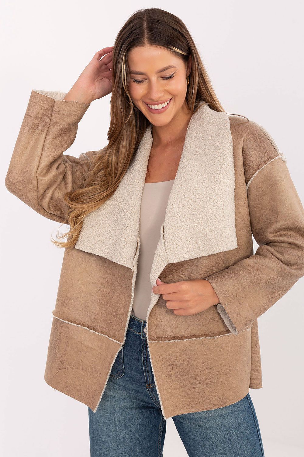 Beige faux fur lapel jacket – front view on model