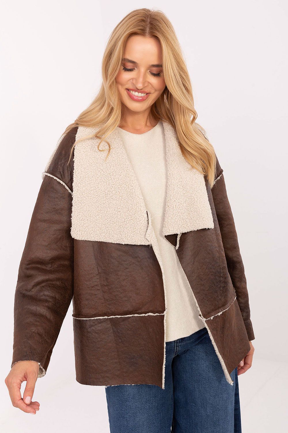Brown faux fur lapel jacket – front view on model