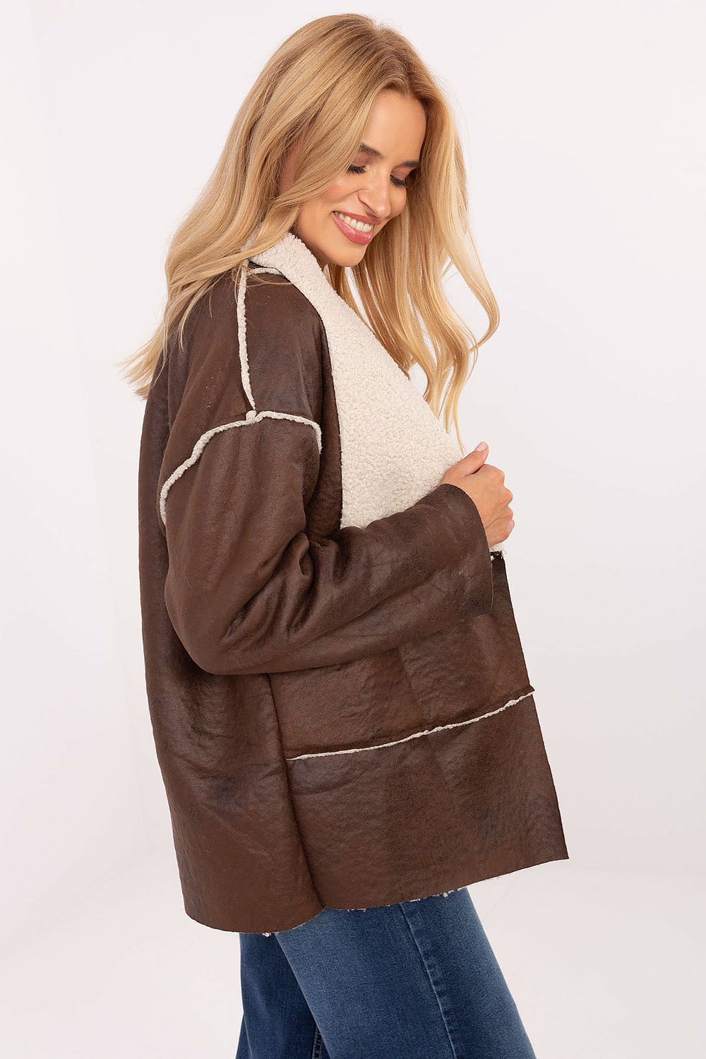  Brown open women’s jacket with soft fur collar – side view