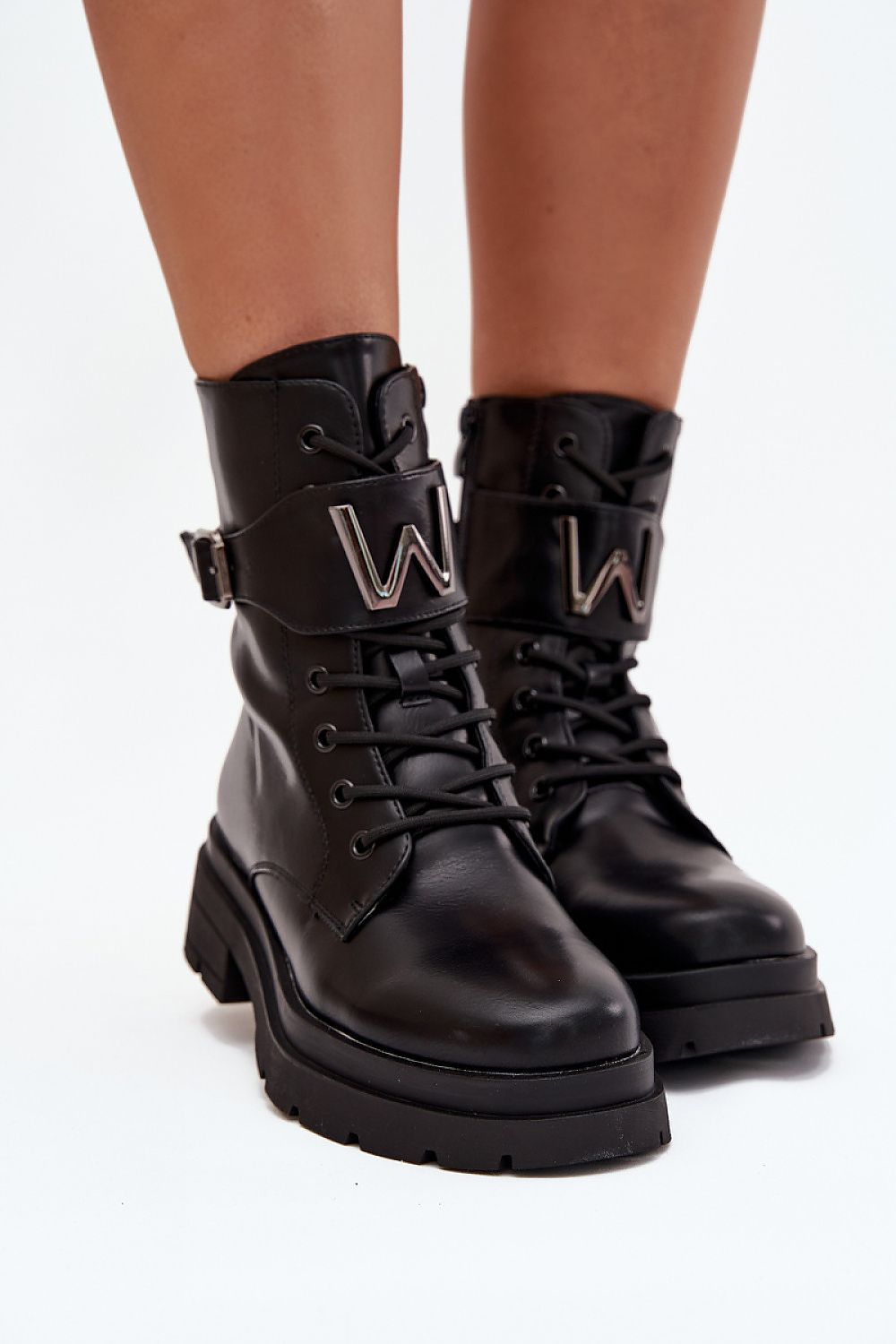  Front view of Wren Women’s eco leather workery boots with laces and platform sole.