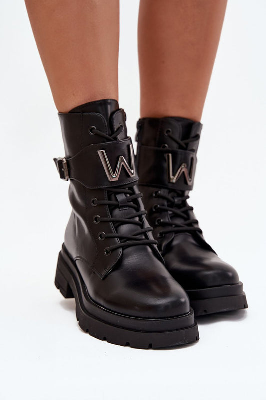  Front view of Wren Women’s eco leather workery boots with laces and platform sole.