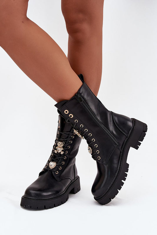 Front view of Liora Women’s eco leather ankle boots with lace-up design and cute pins.