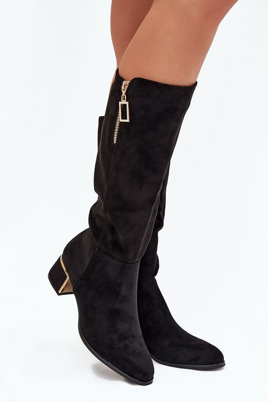 Front view of Selena Women’s eco suede boots with decorative zipper and low heel. 