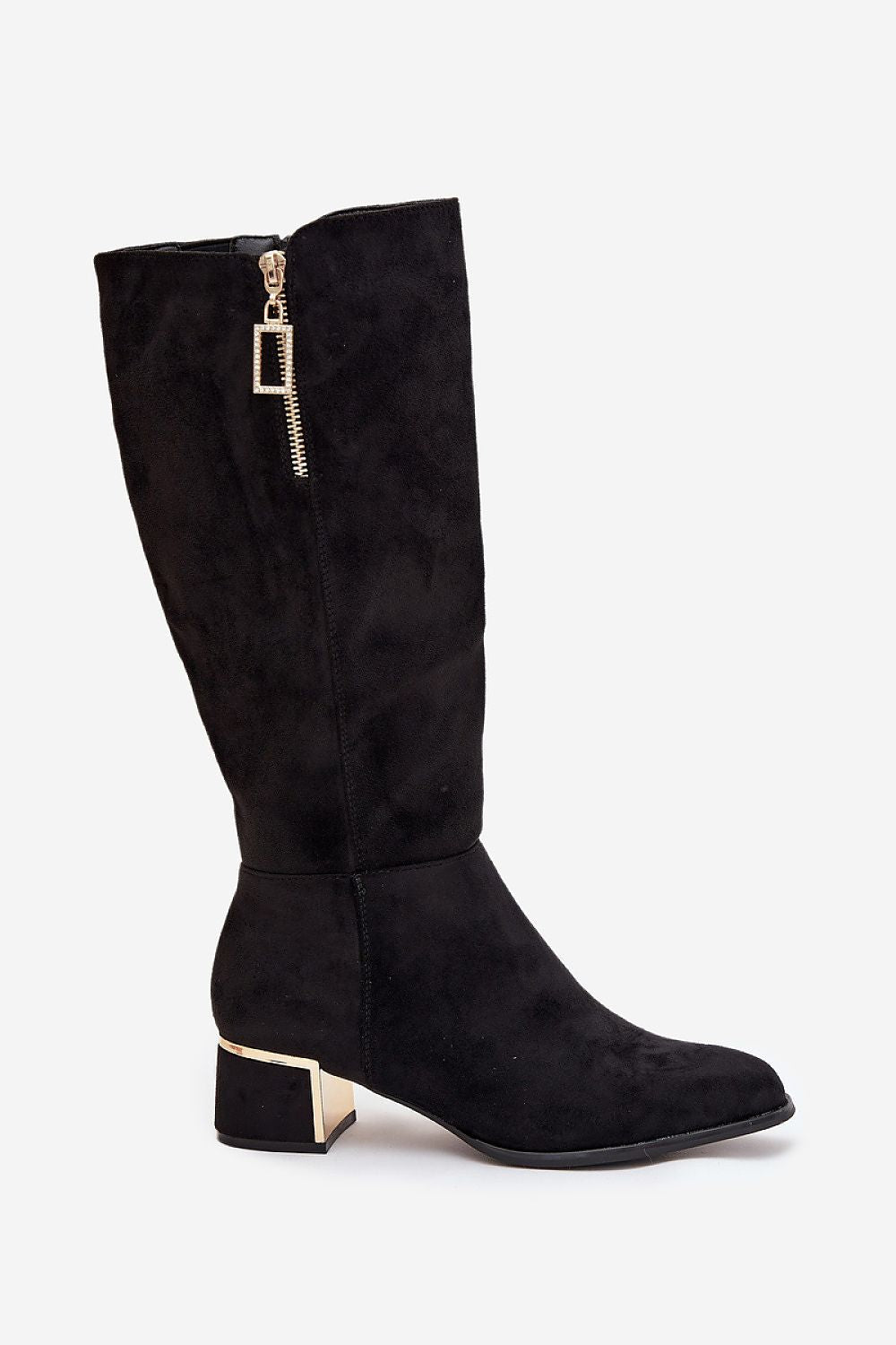 Back view of Selena eco suede boots showing shaft design and zipper accents.style 