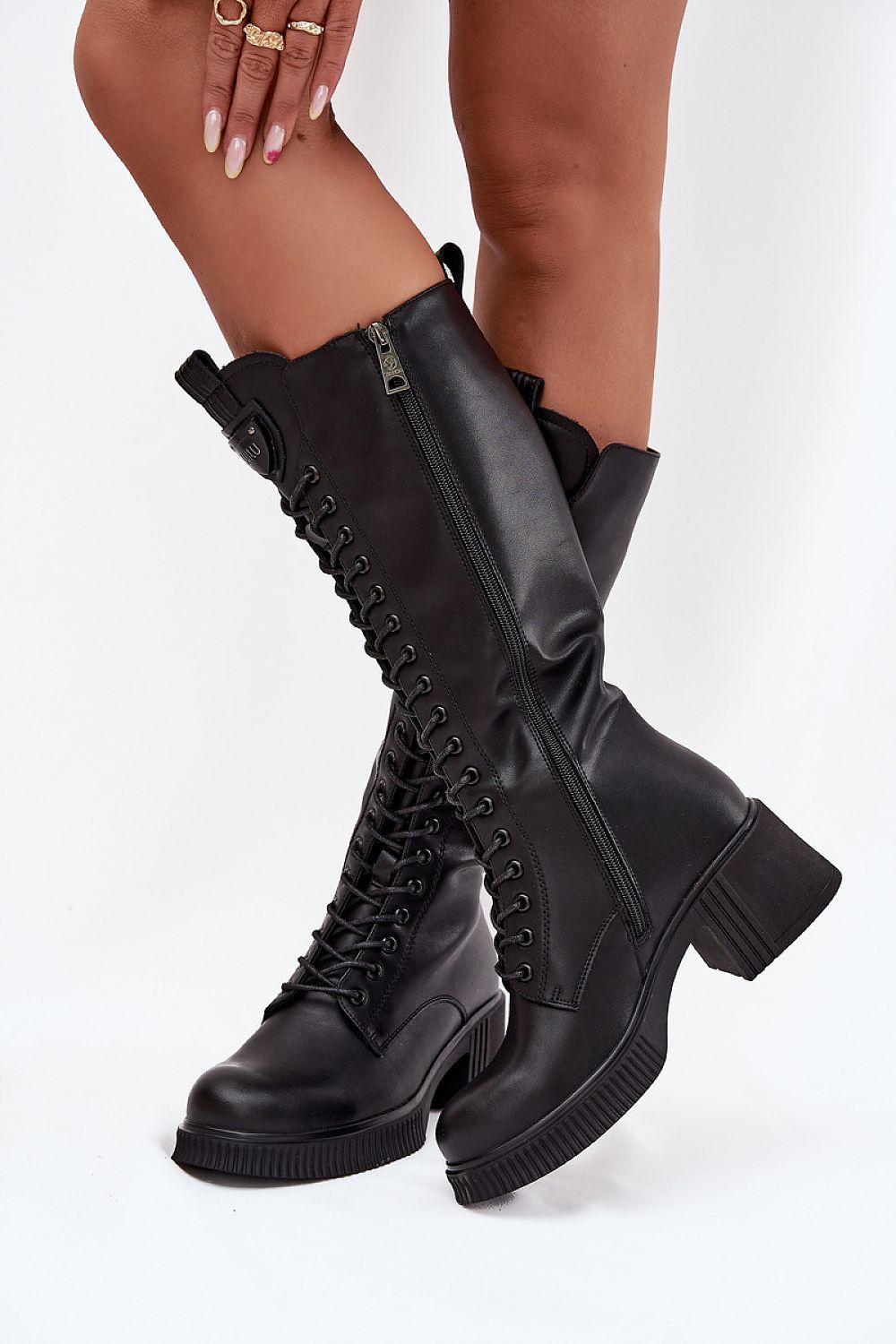"Side profile of Vinceza real leather women’s glan boots with lace-up upper, stable block heel, and zipper closure."