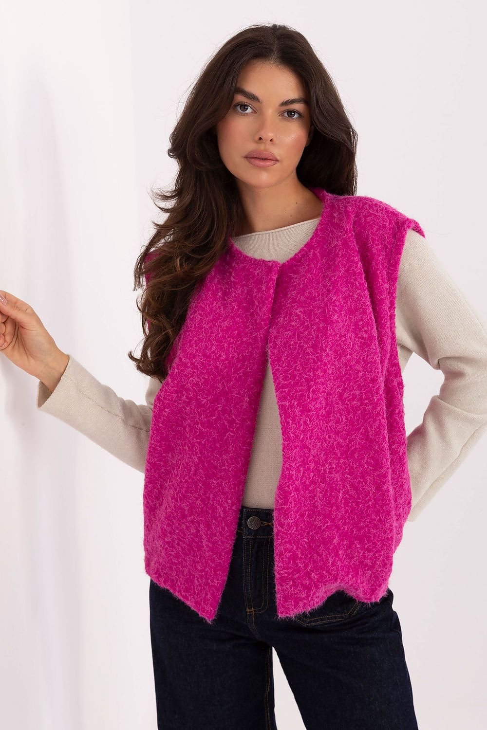 Front view of Elysia Women’s boucle vest with textured polyester fabric and slip pockets.