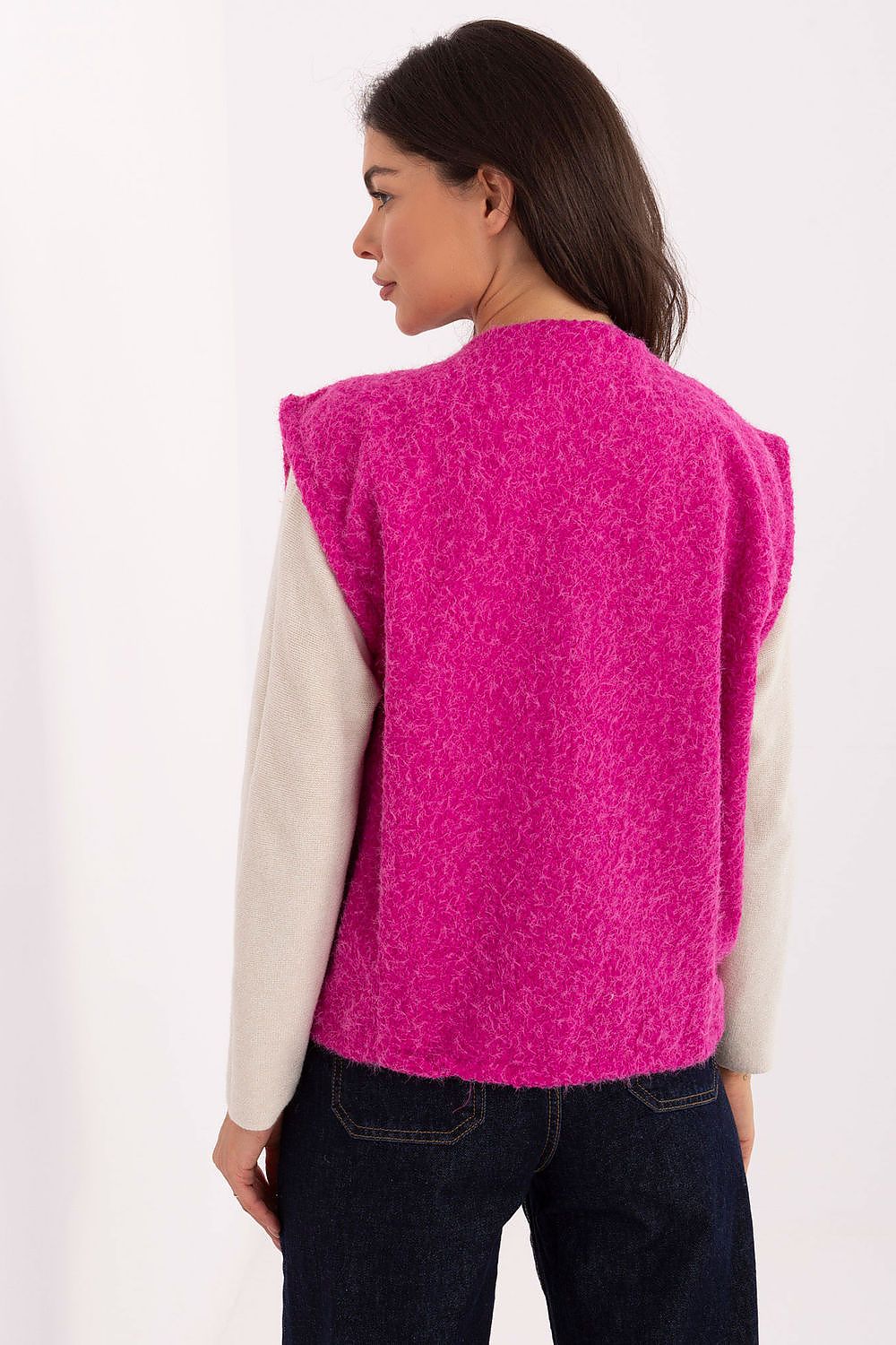 Back view showing standard length and stylish cut of Elysia Women’s boucle vest.
