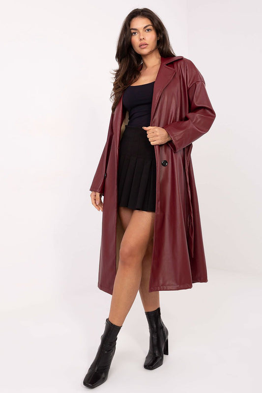 Front view of Celeste Women’s leather coat in deep red with lapels and tie belt.