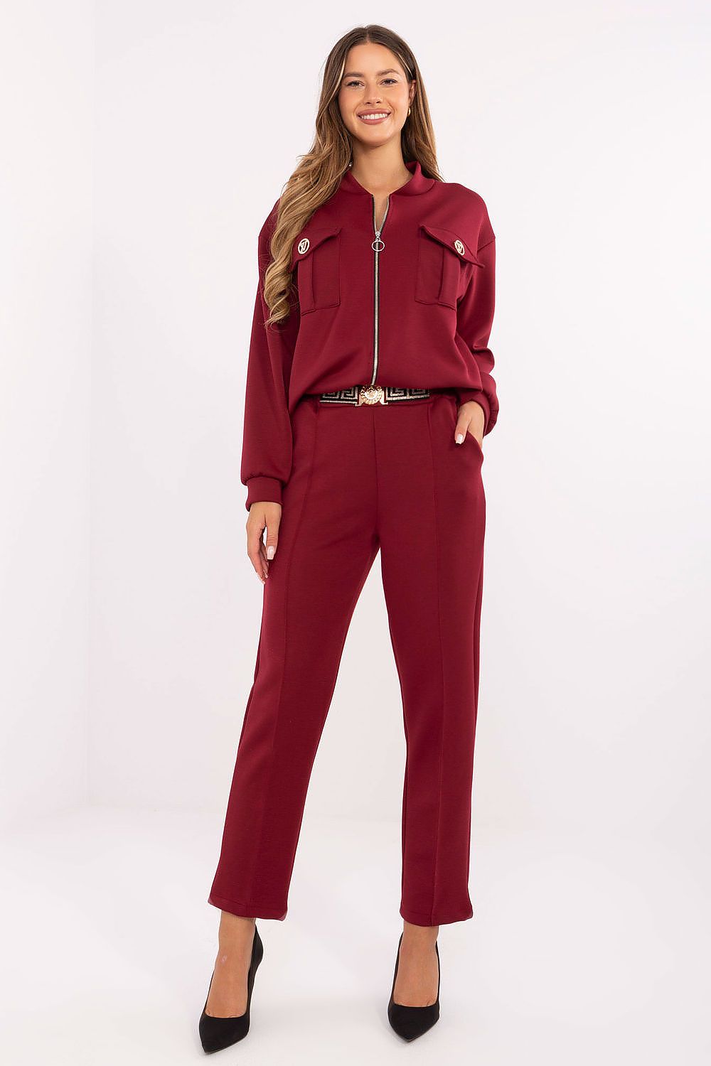 Front view of Luna Women’s casual set showing zip-up hoodie with stand-up collar, long sleeves, and cargo pockets with decorative brooches.