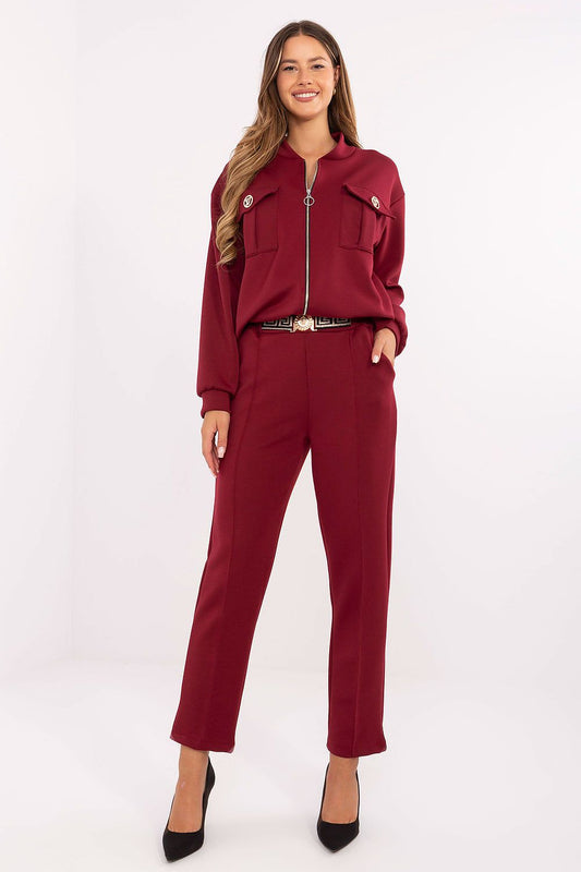 Front view of Luna Women’s casual set showing zip-up hoodie with stand-up collar, long sleeves, and cargo pockets with decorative brooches.