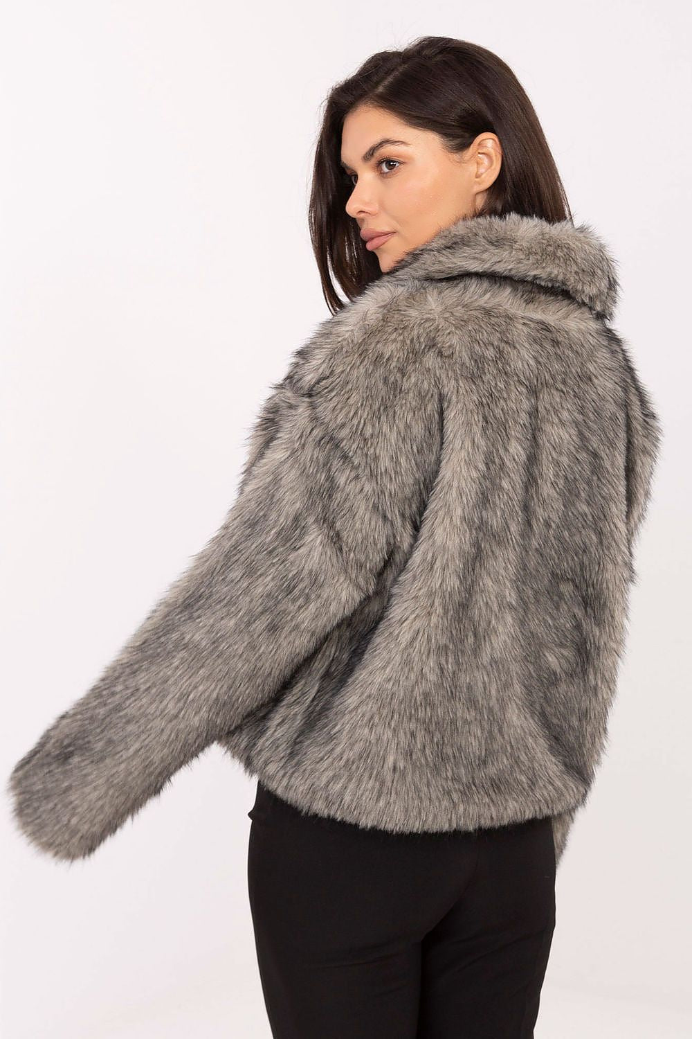  Back view highlighting feminine short cut and wide collar of Aurora Women’s short fur jacket for transitional layering.
