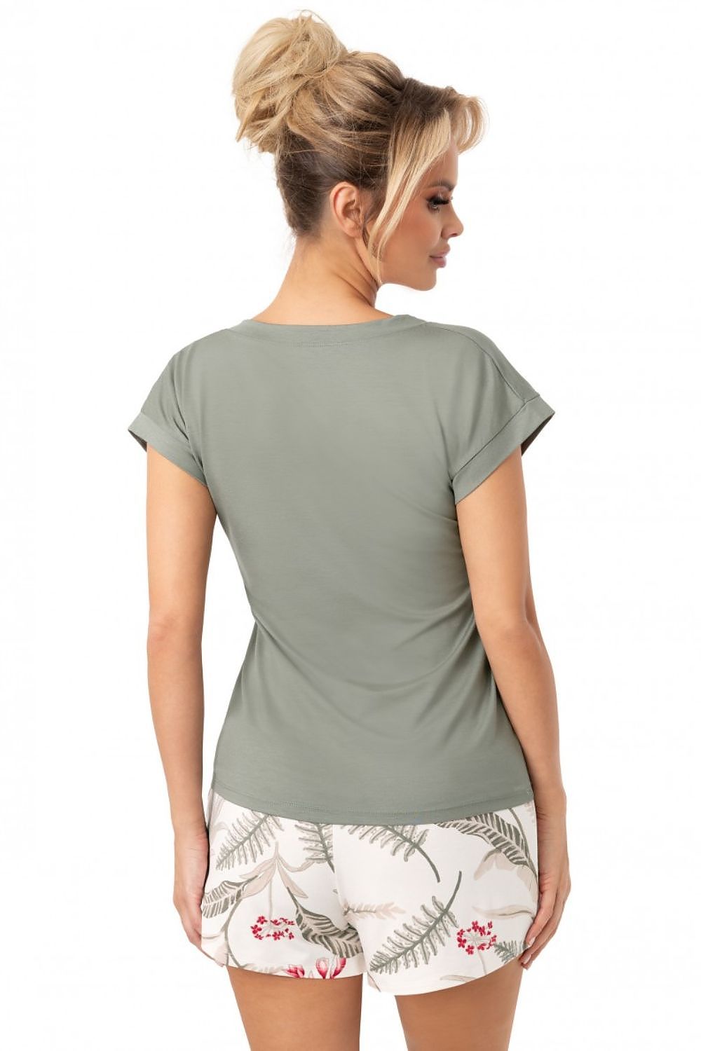 Women's green shorts pyjama set with short-sleeved V-neck top and printed shorts rear view