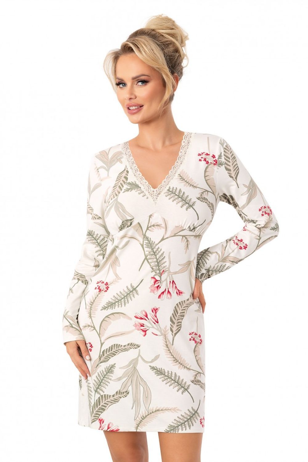 Women's beige printed nightdress with long sleeves, lace-trimmed V-neck and knee-length hem