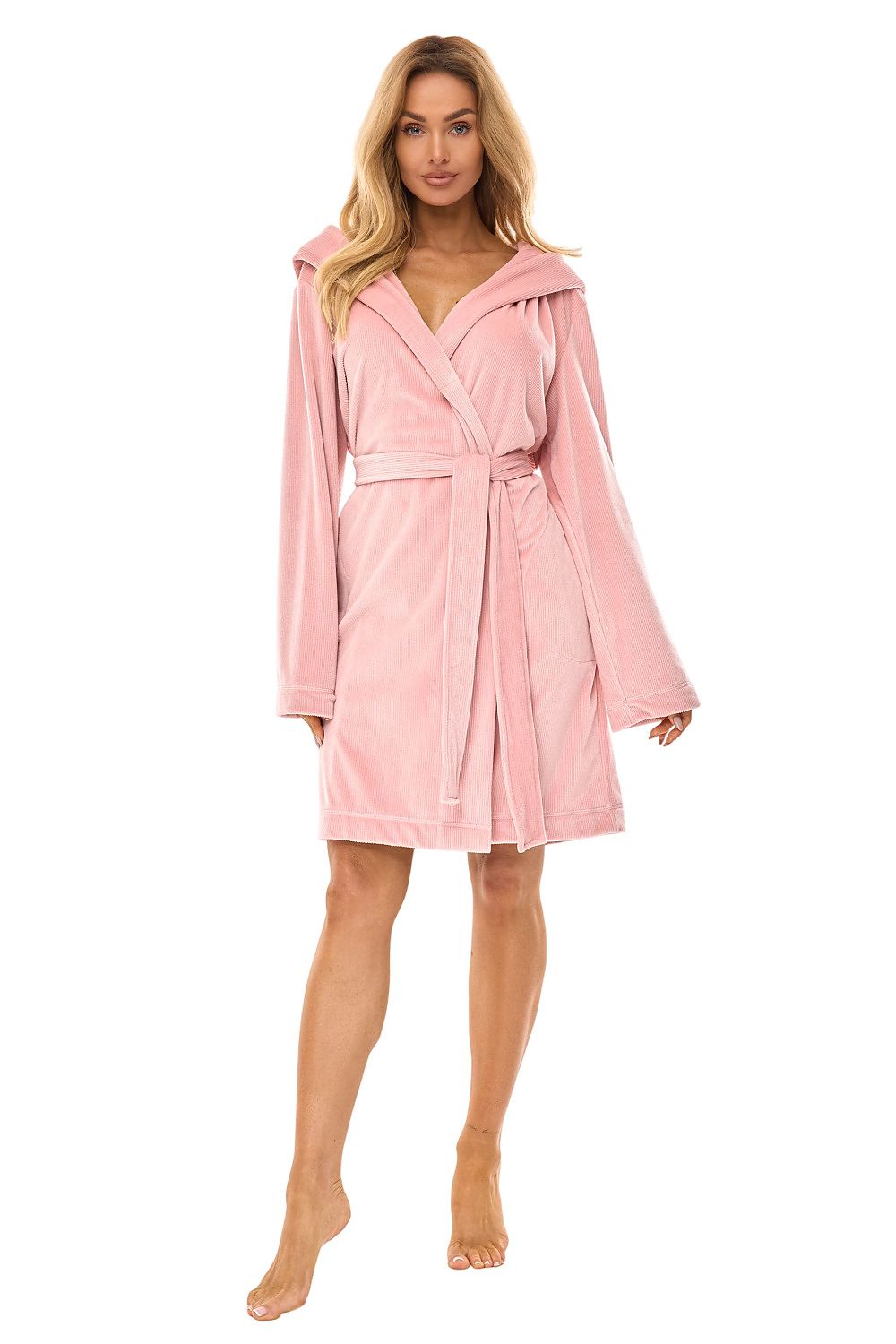 Woman wearing a pink robe on a white background