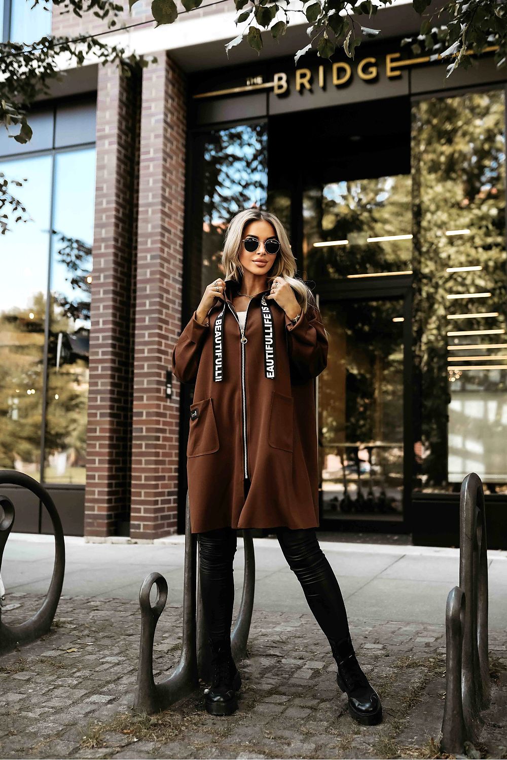 Front view 2 of brown Numoco Basic women’s hooded coat with modern drawstrings.