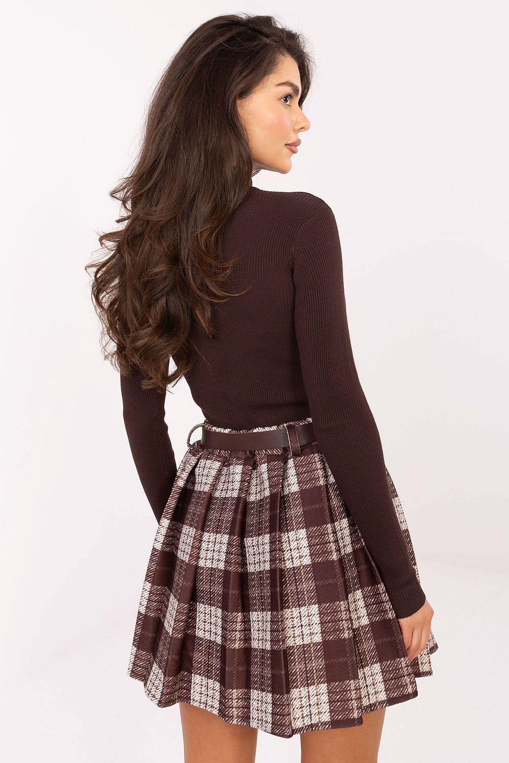 Back view of Clara pleated skirt showing smooth finish and classic check pattern.