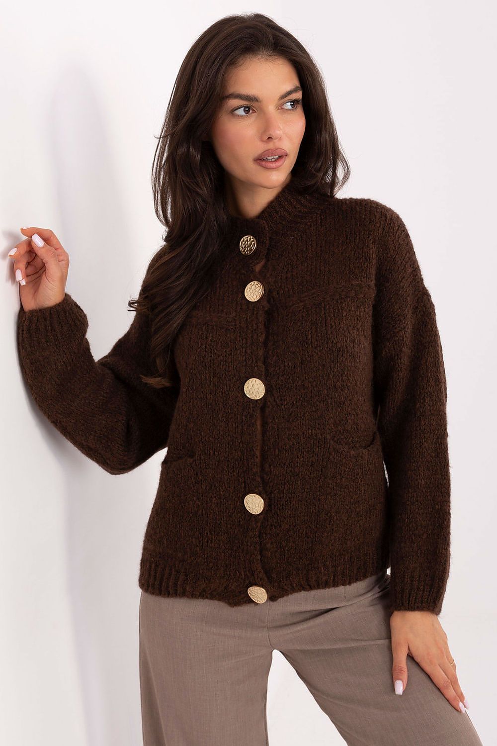  Front view of Selena Women’s classic sweater with stand-up collar and button fastening.