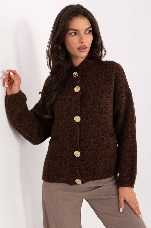  Front view of Selena Women’s classic sweater with stand-up collar and button fastening.