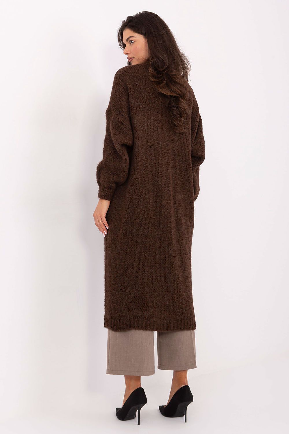  Back view of Liora long cardigan showing smooth finish and elegant silhouette.