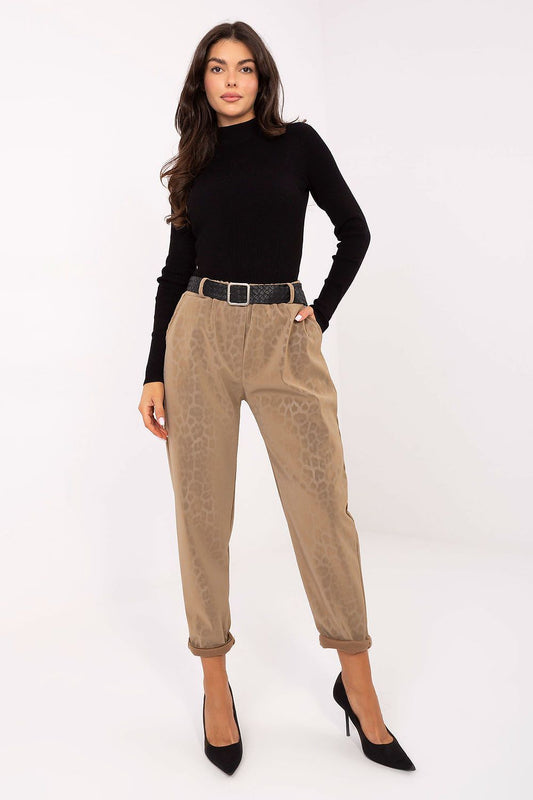 Eco leather leopard print pants – full front view with belt and high waist