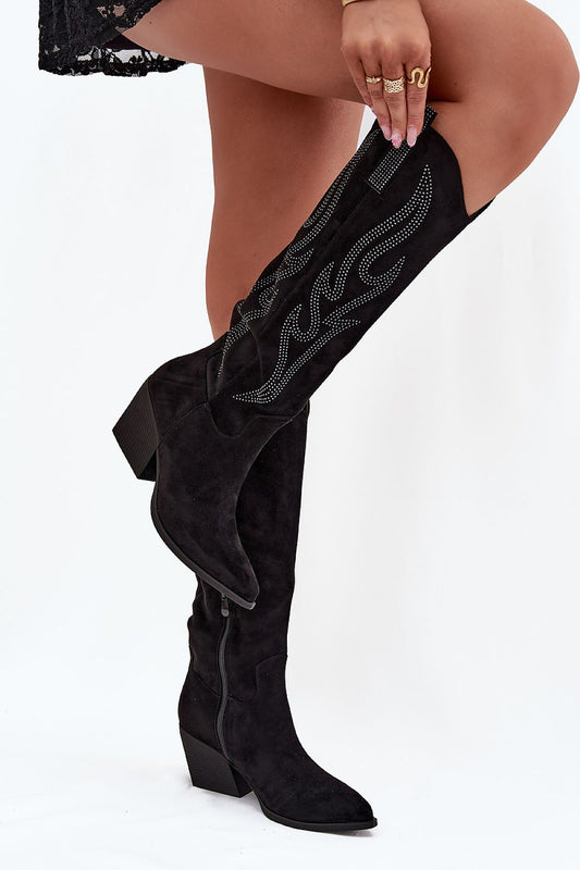 Front view of Arden Women’s black eco suede knee-high boots with pointed toe and column heel.