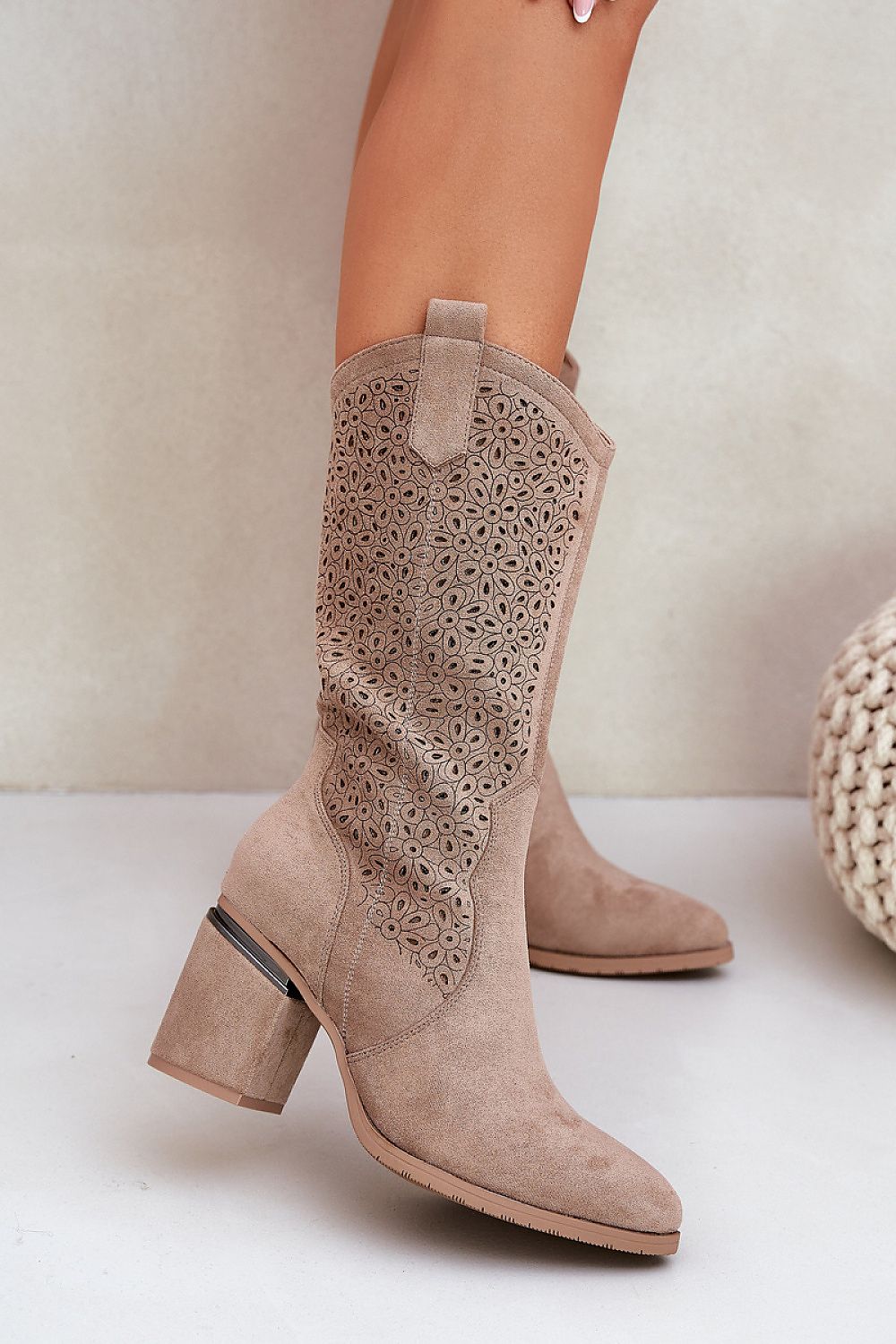 Front view of S.Barski Women’s beige eco suede boots with column heel and side zipper.